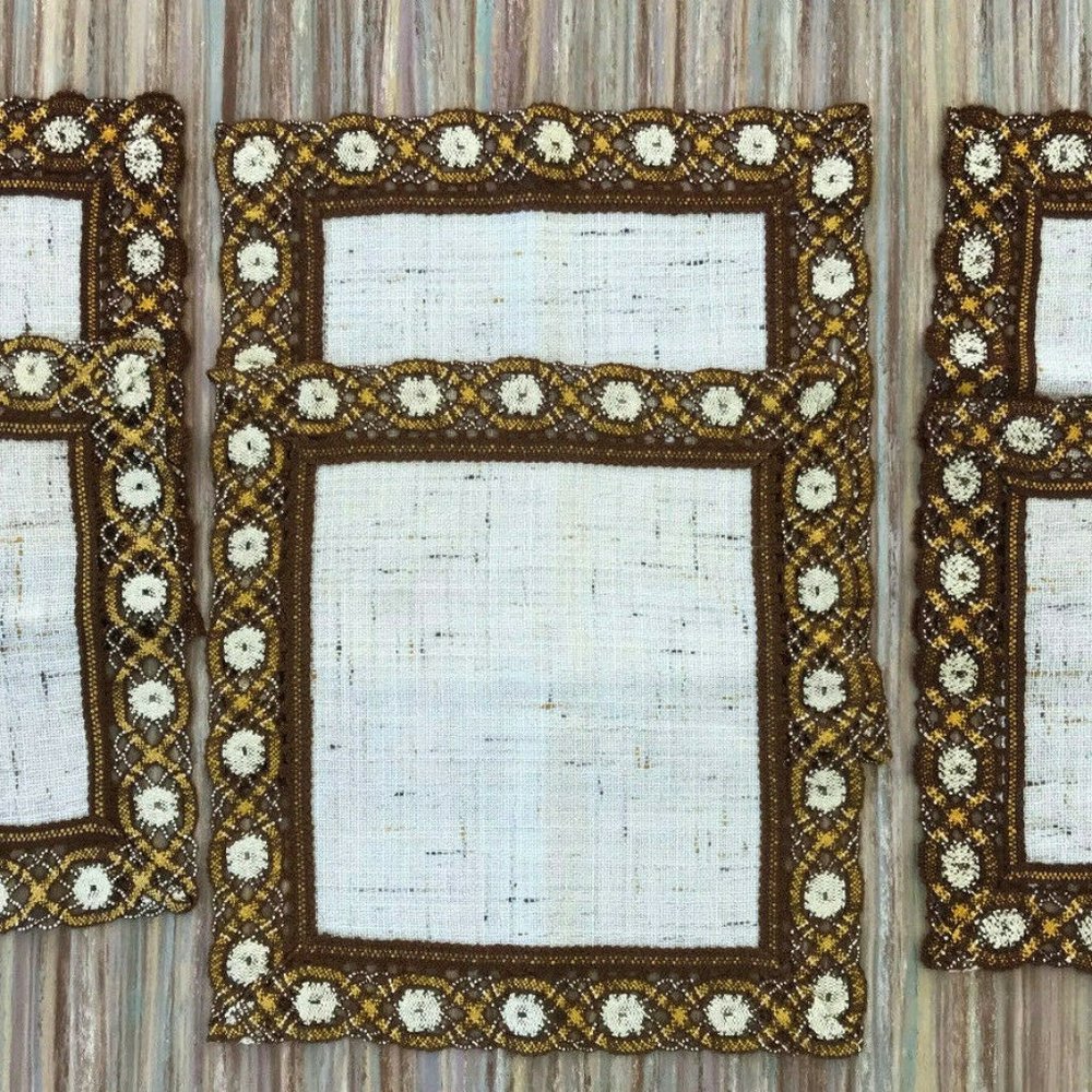 Square Woven Table Placemats with Brown & Gold Trim Vintage 60s Hand Made